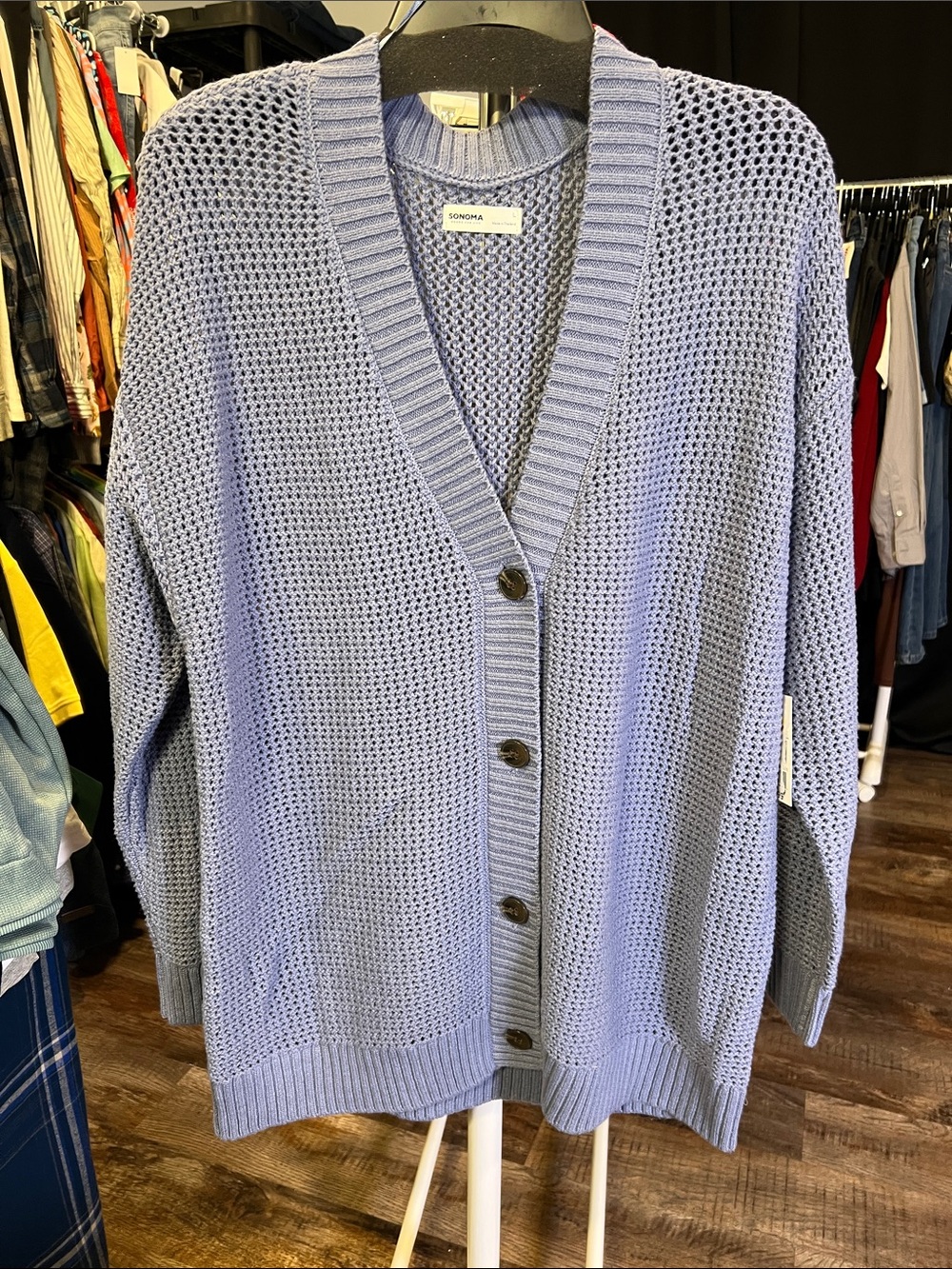 Large women’s Sonoma Lavender Open-Knit Button Cardigan